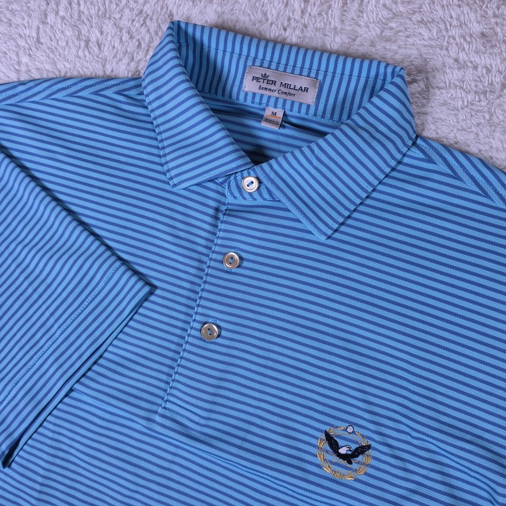 NEW Peter Millar Summer Comfort Mens M Blue Spandex Striped Eagle Polo MS20EK51S